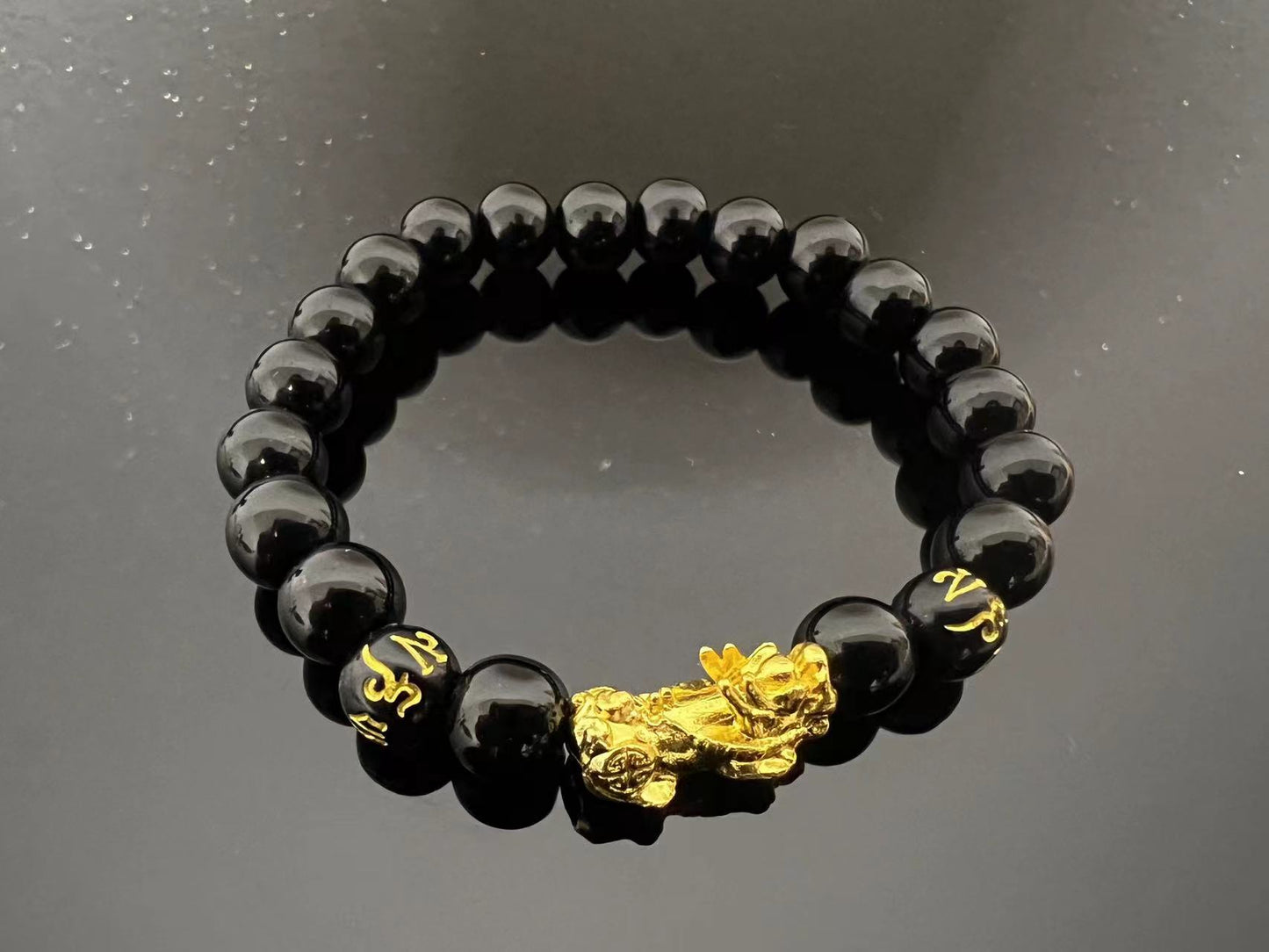 Black Tibetan Script Gold Pixiu Bracelet.